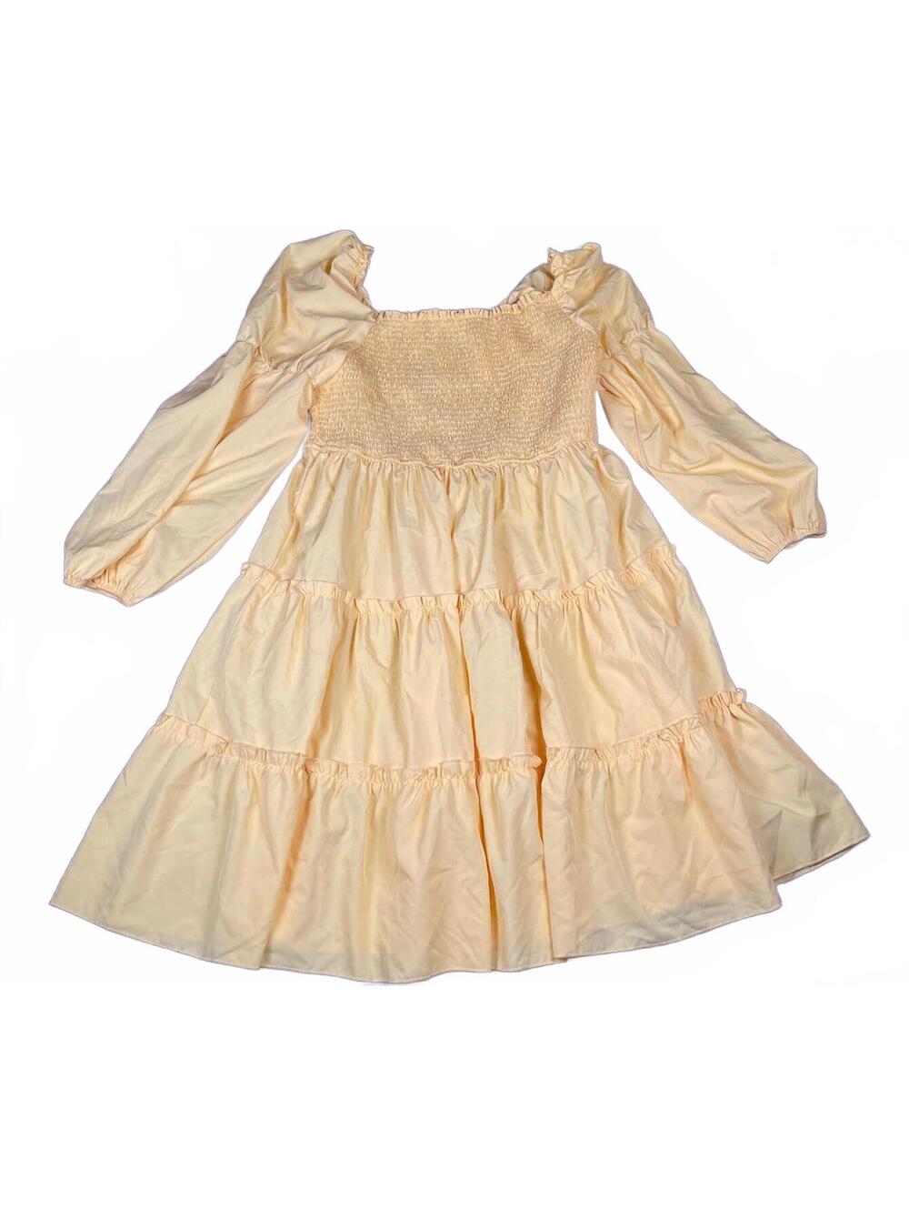 Yellow Long Sleeve Smocked Tiered Dress 2X